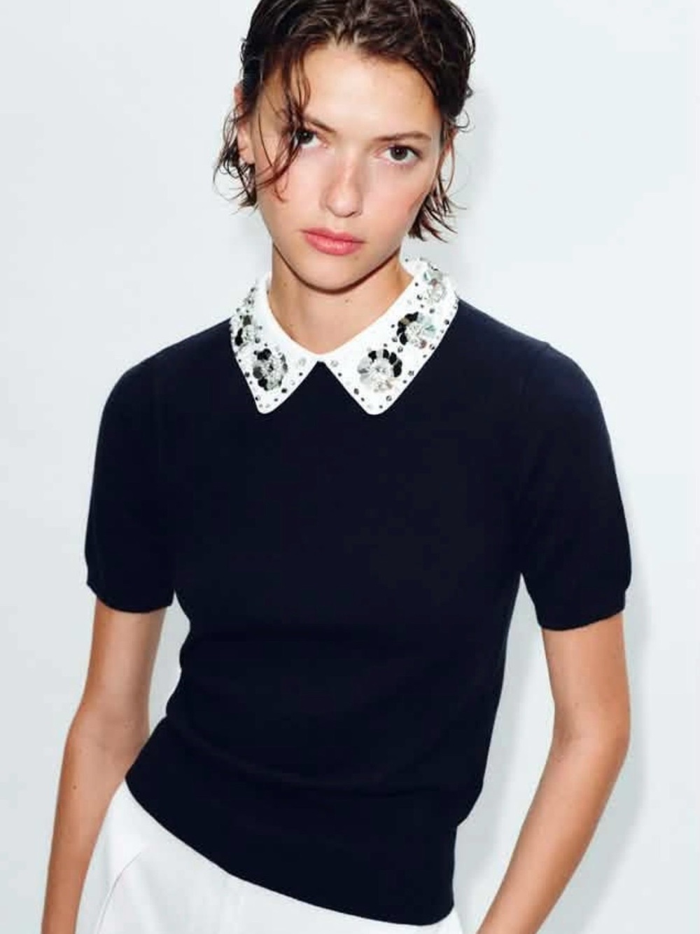 Zara Black Short Sleeve Knit Top with Embellished White Collar